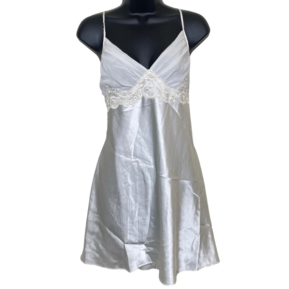 Vintage Secret Treasures‎ White Liquid Satin Lace Babydoll Chemise L 90s Y2K